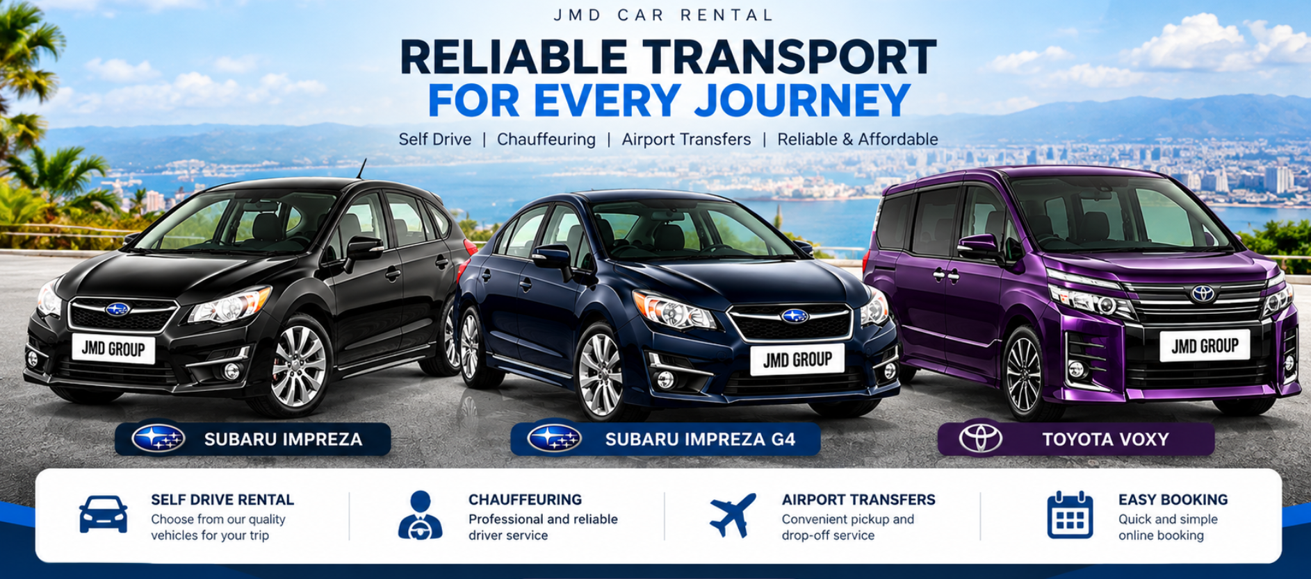 JMD Car Rental: Subaru Impreza, Subaru Impreza G4 and Toyota Voxy. Self-drive, chauffeuring and airport transfer services.